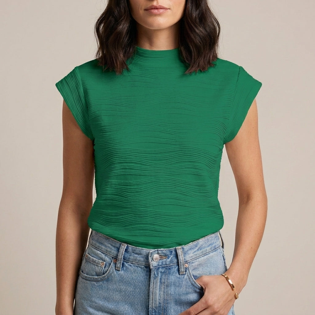 Textured Mock Neck Cap Sleeve Top with Sculpted Silhouette