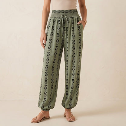 High-Waisted Lantern Pants with Tapered Cuffs and Ethnic Motifs