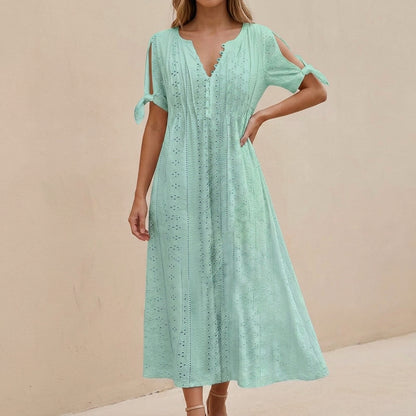Boho-Inspired Eyelet Embroidered Midi Dress with Scalloped V-Neckline