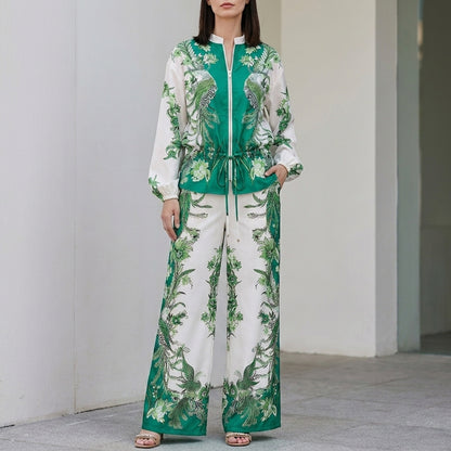 Botanical Zip-Front Top and Wide-Leg Pants Ensemble