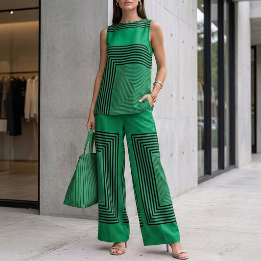 Loose Sleeveless Top with Asymmetrical Hem and Wide-Leg Pants Set