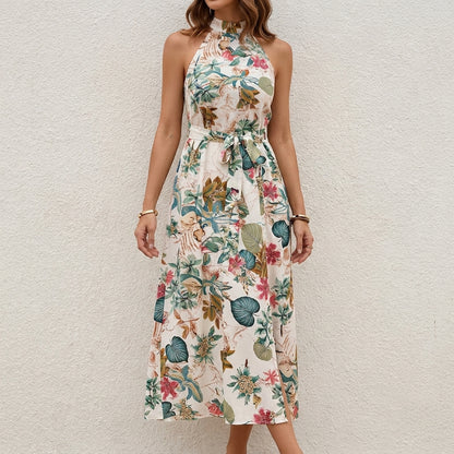Tropical Garden Halter Midi Dress with Waist Tie Detail