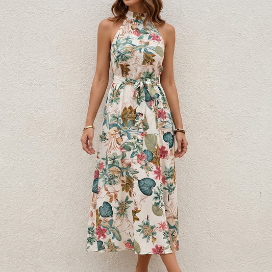 Tropical Garden Halter Midi Dress with Waist Tie Detail