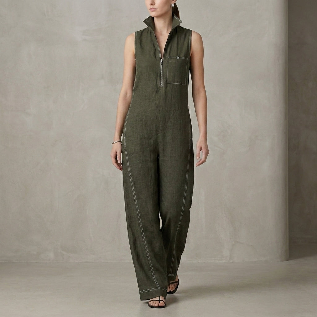 Relaxed Wide-Leg Sleeveless Jumpsuit with Structured Stand Collar