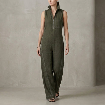 Relaxed Wide-Leg Sleeveless Jumpsuit with Structured Stand Collar