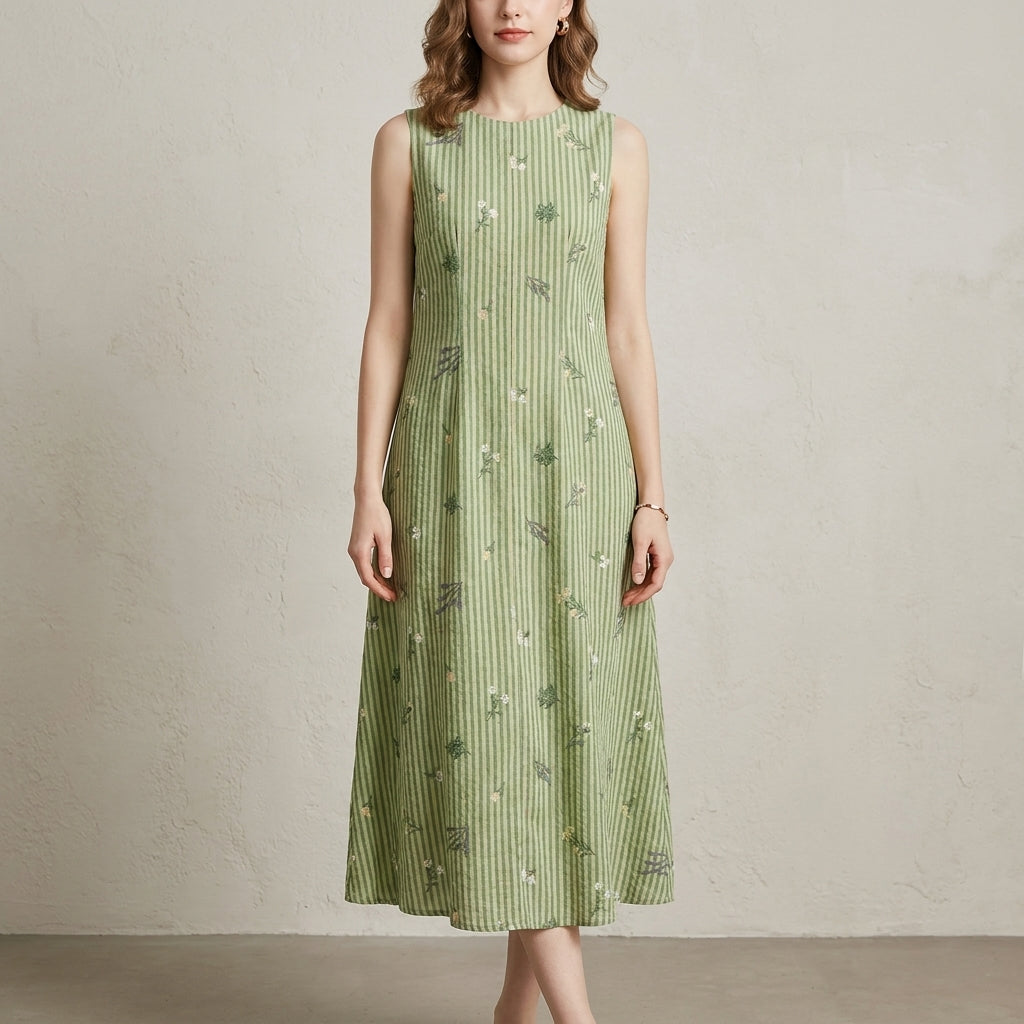 Floral Stripe Sleeveless Midi Dress with Relaxed Flowing Silhouette