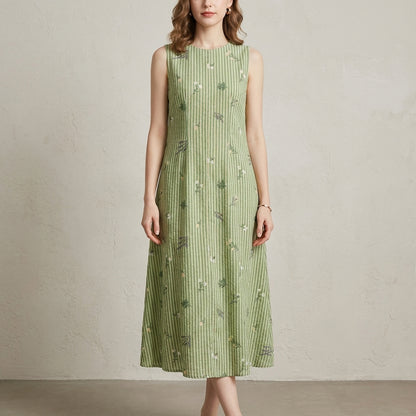 Floral Stripe Sleeveless Midi Dress with Relaxed Flowing Silhouette