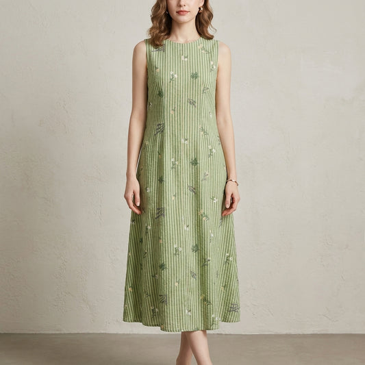 Floral Stripe Sleeveless Midi Dress with Relaxed Flowing Silhouette