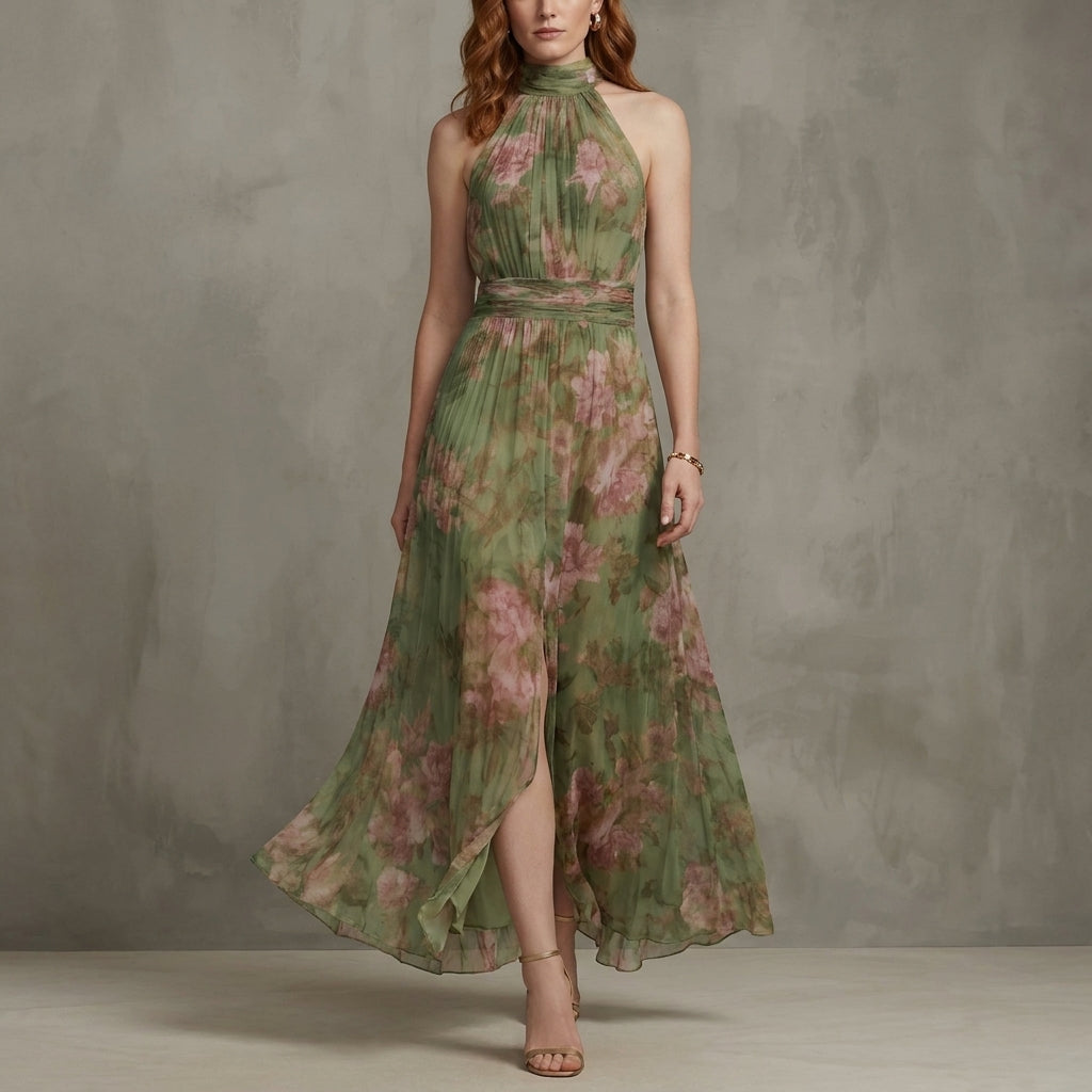 Floral Halter Neck Maxi Dress with Flowing Silhouette