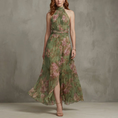 Floral Halter Neck Maxi Dress with Flowing Silhouette