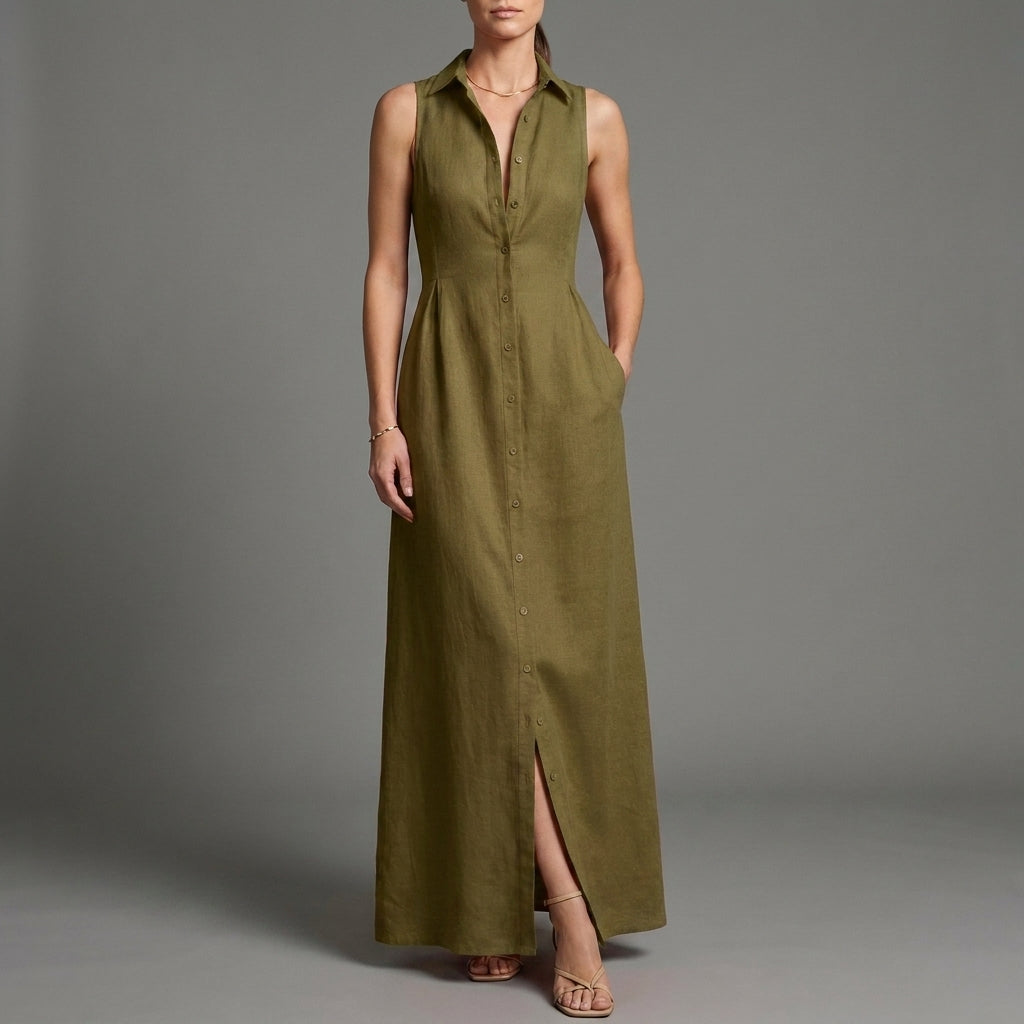 Sleeveless Button Front Maxi Dress with Elegant Tailored Resort Silhouette