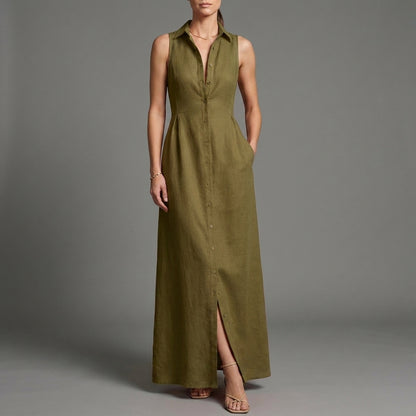 Sleeveless Button Front Maxi Dress with Elegant Tailored Resort Silhouette