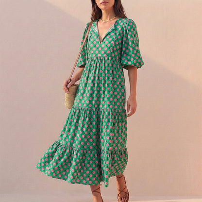 Elegant Flowing V-Neck Midi Dress with Puff Sleeves and Tiered Skirt