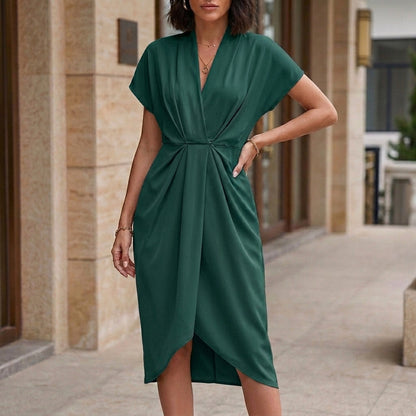 Elegant Draped Tulip Midi Dress with Defined Waist