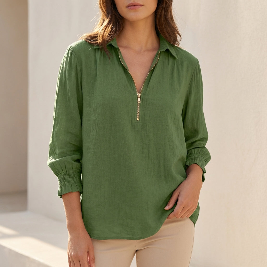 Linen Oversized Zip-Up Blouse with Gathered Cuffs and Relaxed Silhouette