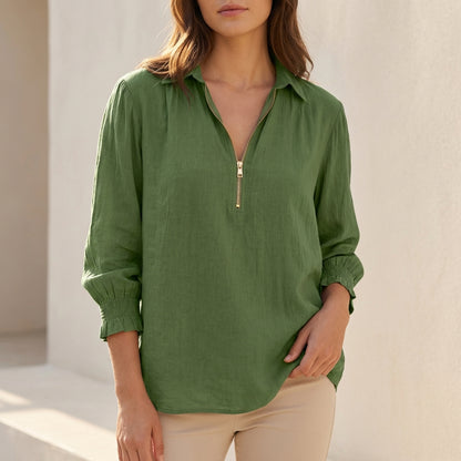 Linen Oversized Zip-Up Blouse with Gathered Cuffs and Relaxed Silhouette