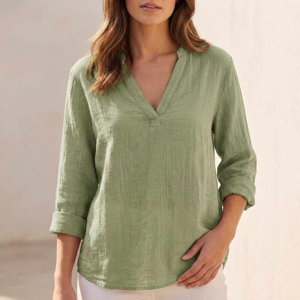 Relaxed Cotton Linen V-Neck Pullover Blouse with Textured Finish