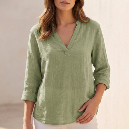 Relaxed Cotton Linen V-Neck Pullover Blouse with Textured Finish