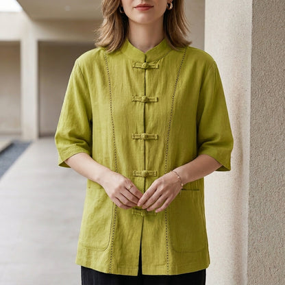 Minimalist Mandarin Collar Blouse with Elegant Knot Button Detail