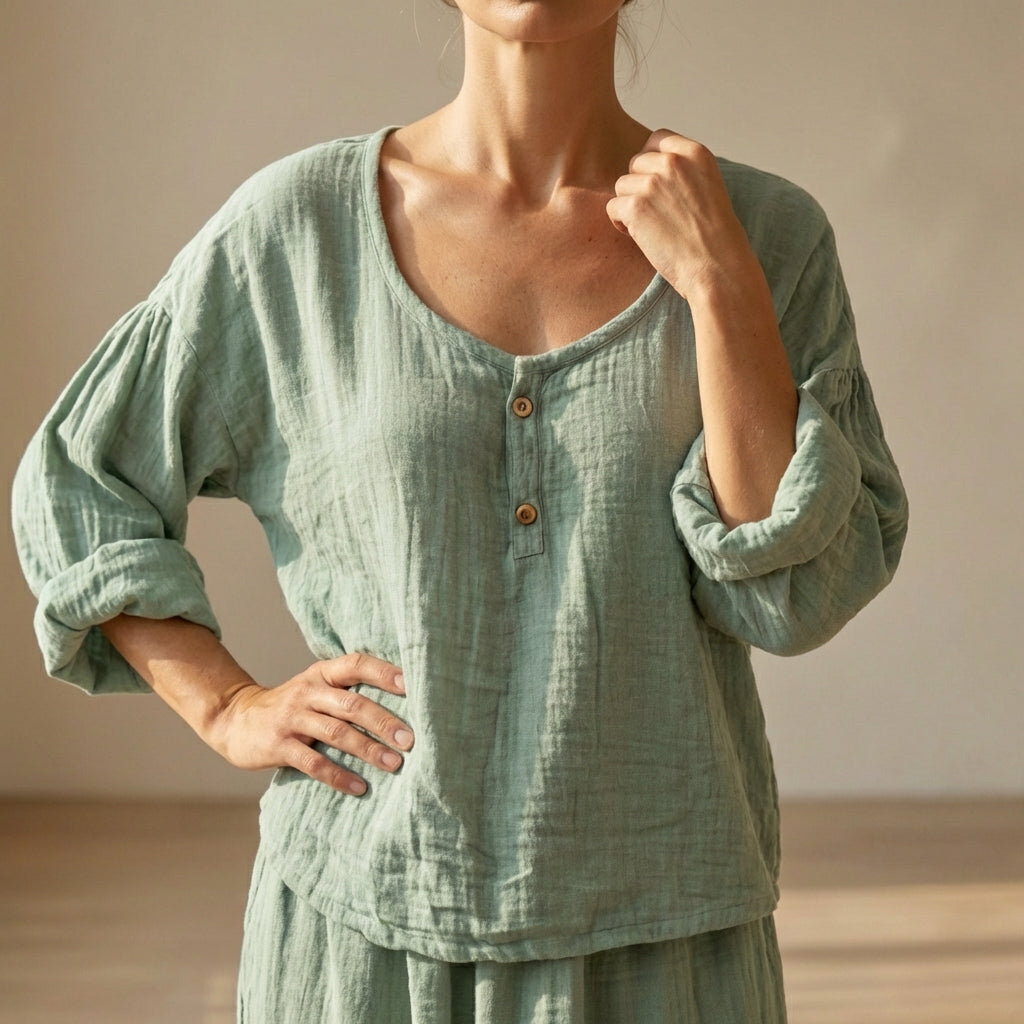 Relaxed V-Neck Cotton Blend Blouse with Textured Volume Sleeves