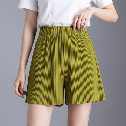 High-Waisted Wide-Leg Pleated Shorts with Ruffle-Trim Waistband