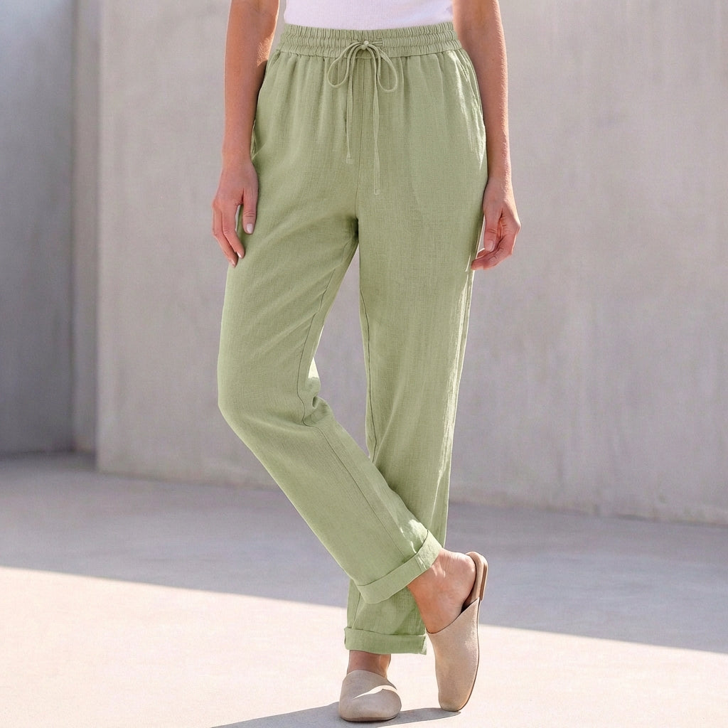 Relaxed Fit Cotton Linen Ankle-Length Pants with Drawstring Waist