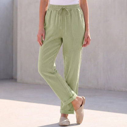 Relaxed Fit Cotton Linen Ankle-Length Pants with Drawstring Waist