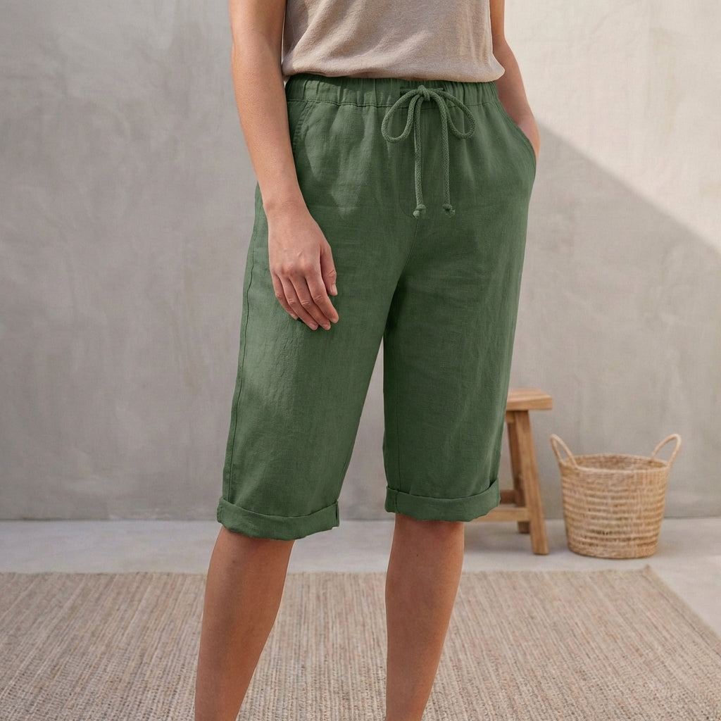 Linen Relaxed-Fit Capri Pants with Drawstring Waist and Cuffed Hem