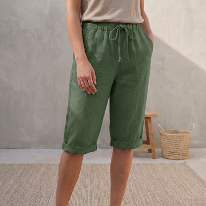 Linen Relaxed-Fit Capri Pants with Drawstring Waist and Cuffed Hem
