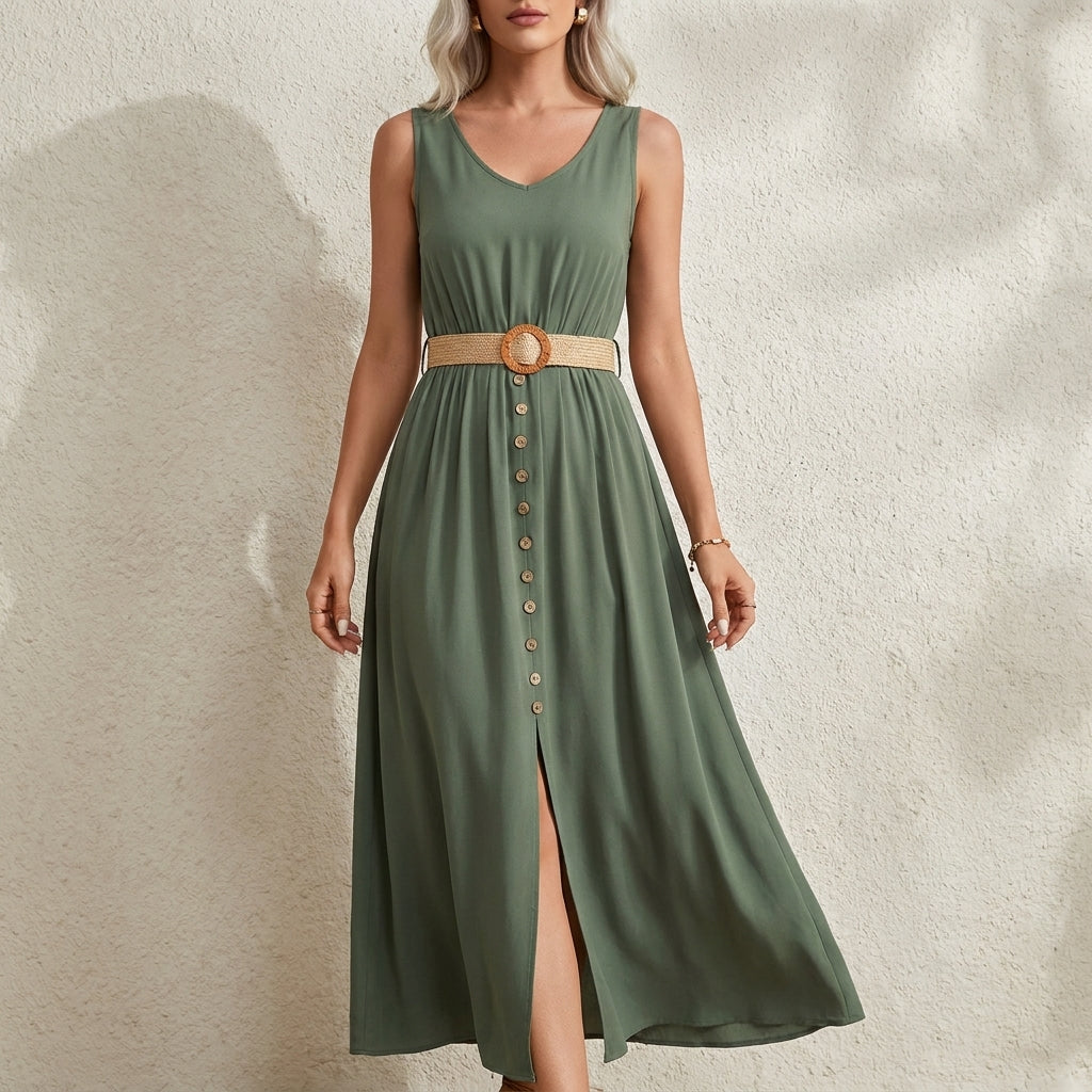 Belted Button Front Maxi Dress with Effortless Resort Charm