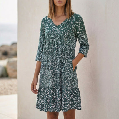 Relaxed Tiered A-Line Dress with V-Neck and 3/4 Sleeves in Fluid Draped Fabric
