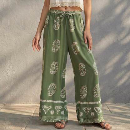 Flowing Wide-Leg Floral & Geometric Patterned Ankle-Length Pants