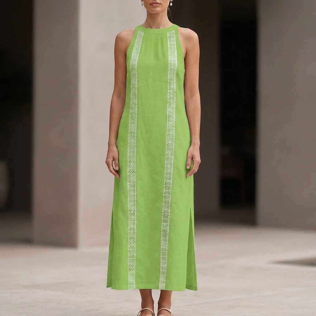 Relaxed Sleeveless Maxi Dress with Vertical Embroidered Panels and Side Slits