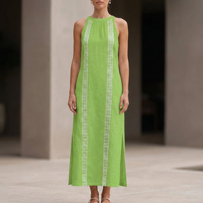 Relaxed Sleeveless Maxi Dress with Vertical Embroidered Panels and Side Slits