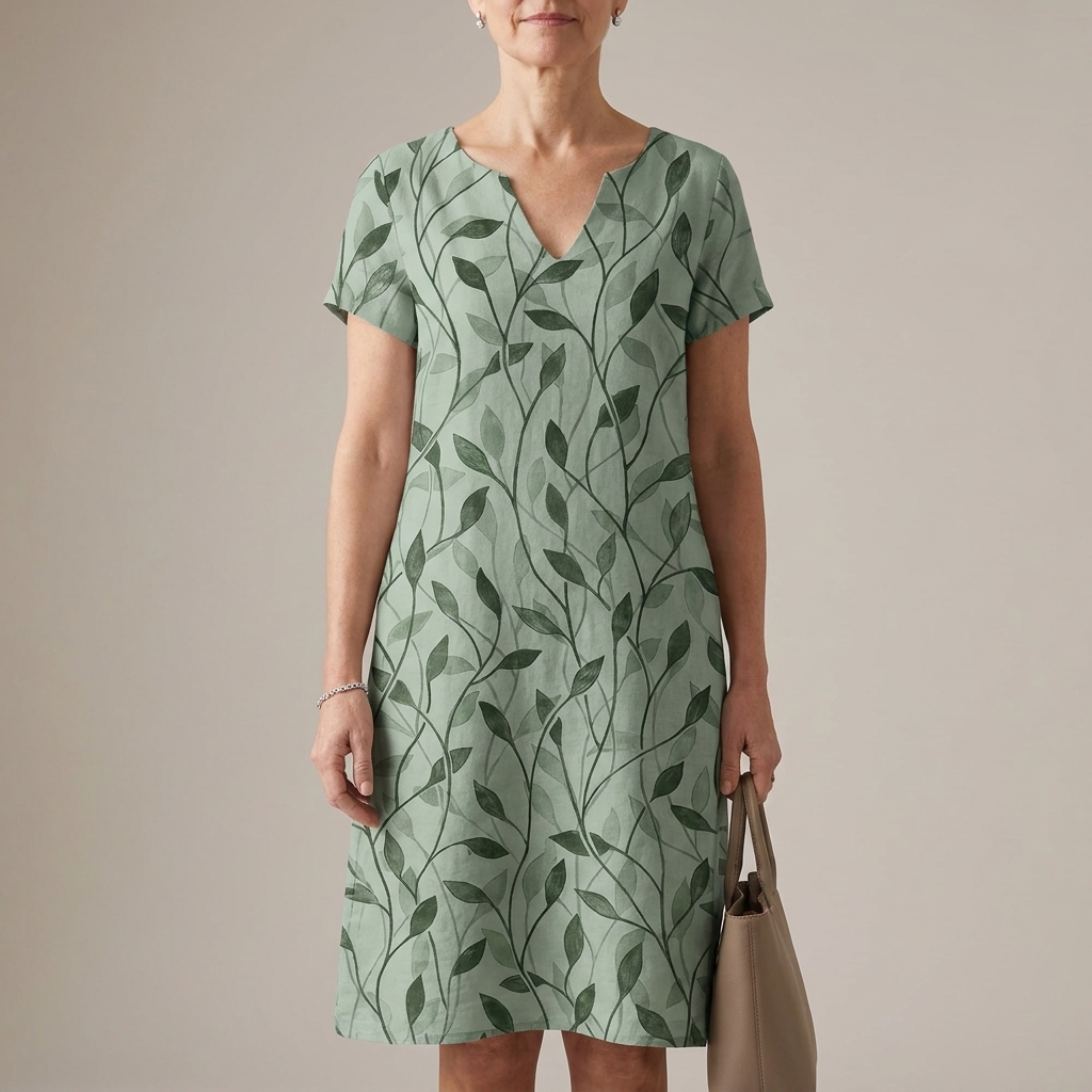 Relaxed A-Line Dress with Notched V-Neck and Botanical Motif
