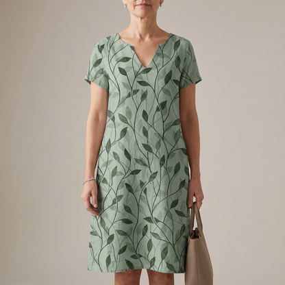 Relaxed A-Line Dress with Notched V-Neck and Botanical Motif