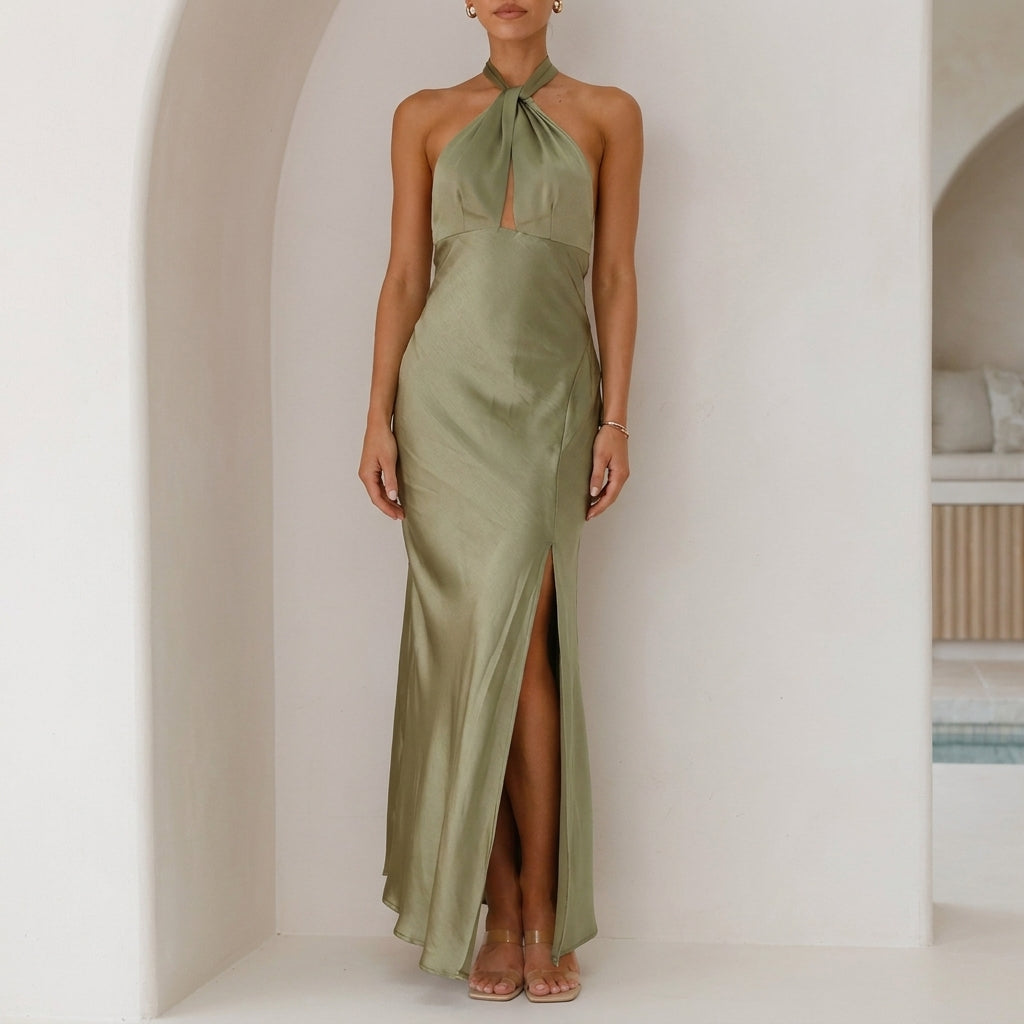 Twist Halter Maxi Dress with Elegant Draped Side Slit Silhouette