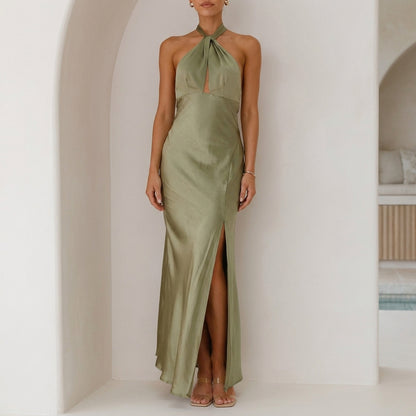 Twist Halter Maxi Dress with Elegant Draped Side Slit Silhouette