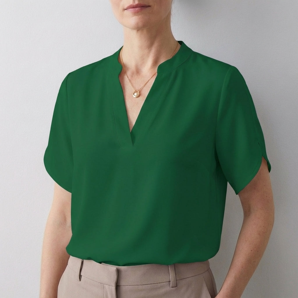 Dionne Relaxed V-Neck Blouse with Band Collar and Split Sleeves