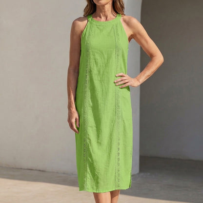 Relaxed Midi Halter Neck Dress with Vertical Lace Trim and Side Slits