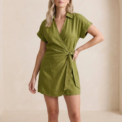 Coastal Escape Collared Wrap Romper with Waist Tie
