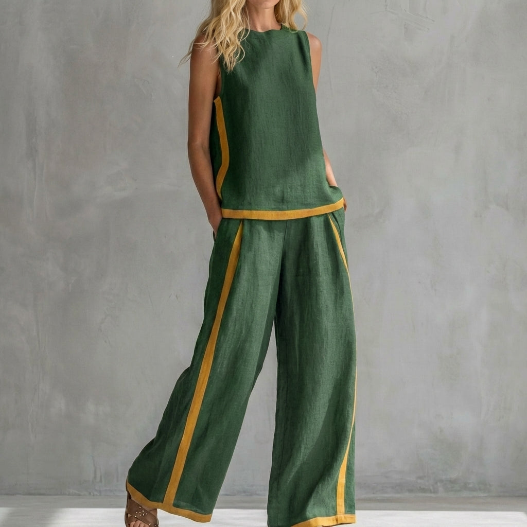 Contemporary Sleeveless Two-Piece Set with Wide-Leg Trousers and Contrast Trim