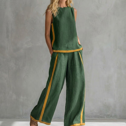 Contemporary Sleeveless Two-Piece Set with Wide-Leg Trousers and Contrast Trim