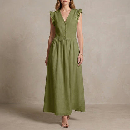 Graceful Ruffle Sleeve Button-Front Maxi Dress