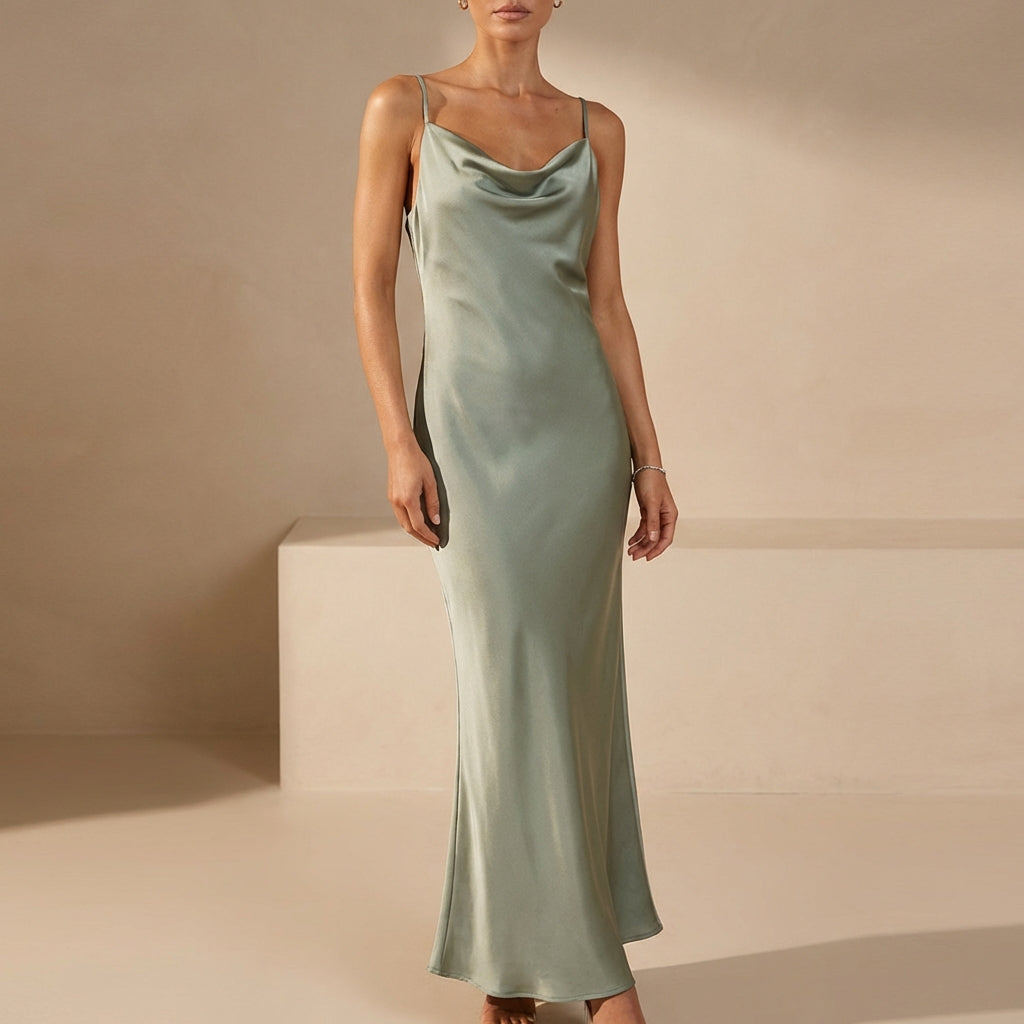 Satin Fitted Cowl Neck Maxi Dress with Spaghetti Straps for Evenings