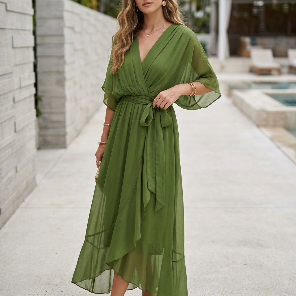 Flowing Midi Dress with Pleated Wrap Bodice and Ruffled Hem