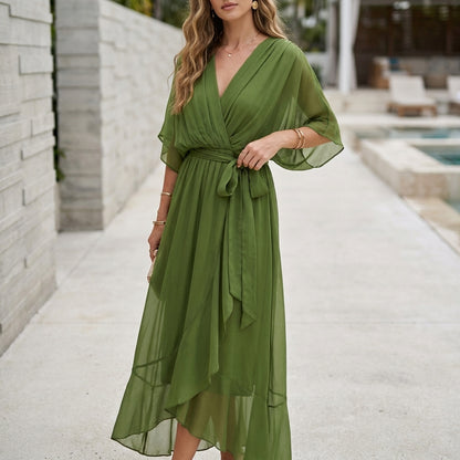 Flowing Midi Dress with Pleated Wrap Bodice and Ruffled Hem