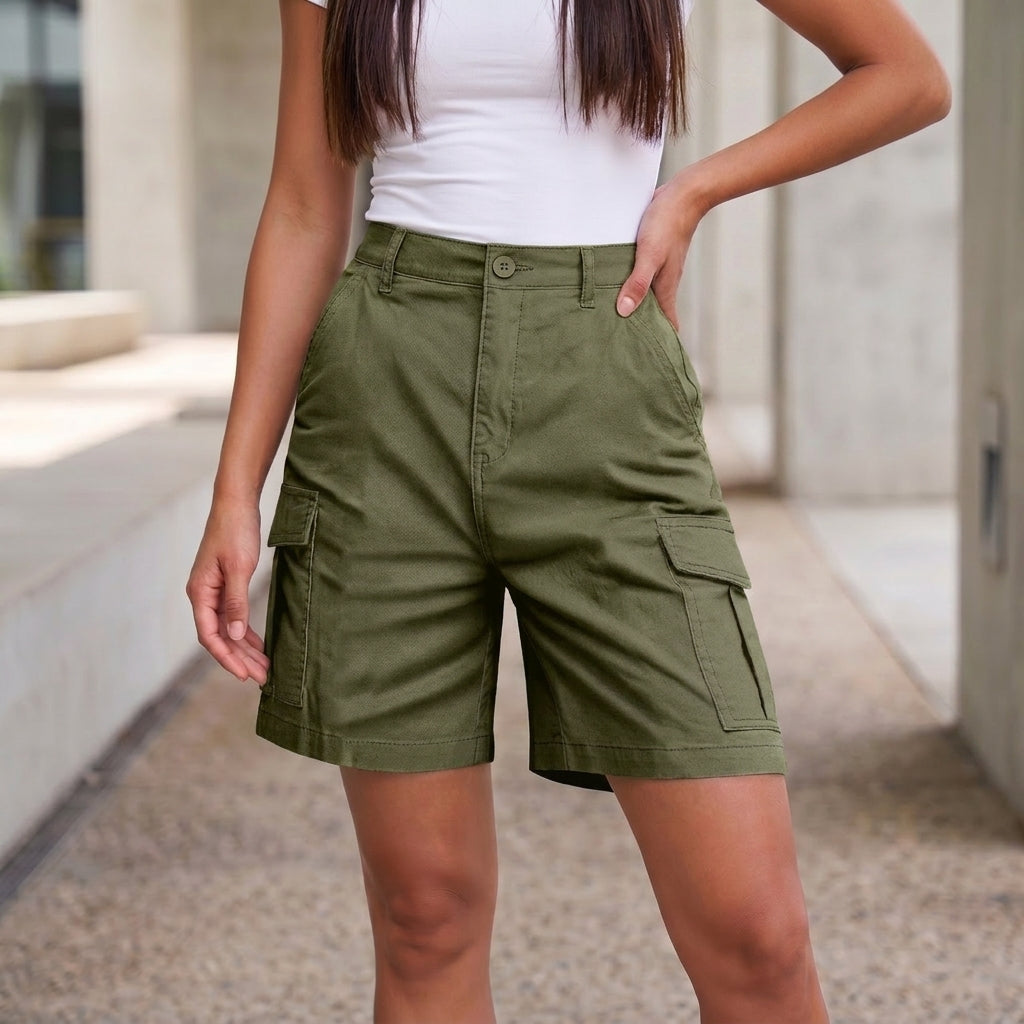 High-Rise Structured Cargo Shorts with Multi-Pocket Utility Design