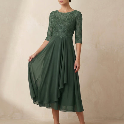 Embroidered A-Line Midi Dress with Sheer Sleeves and Pockets