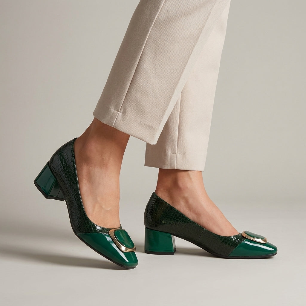 Textured Block Heel Pumps with Elegant Metallic Accent Detail